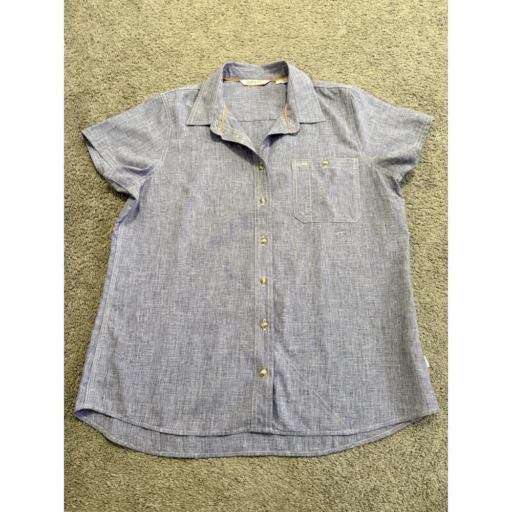 Women’s Orvis Tech Short Sleeve Shirt Chambray Large Blue Gray EUC